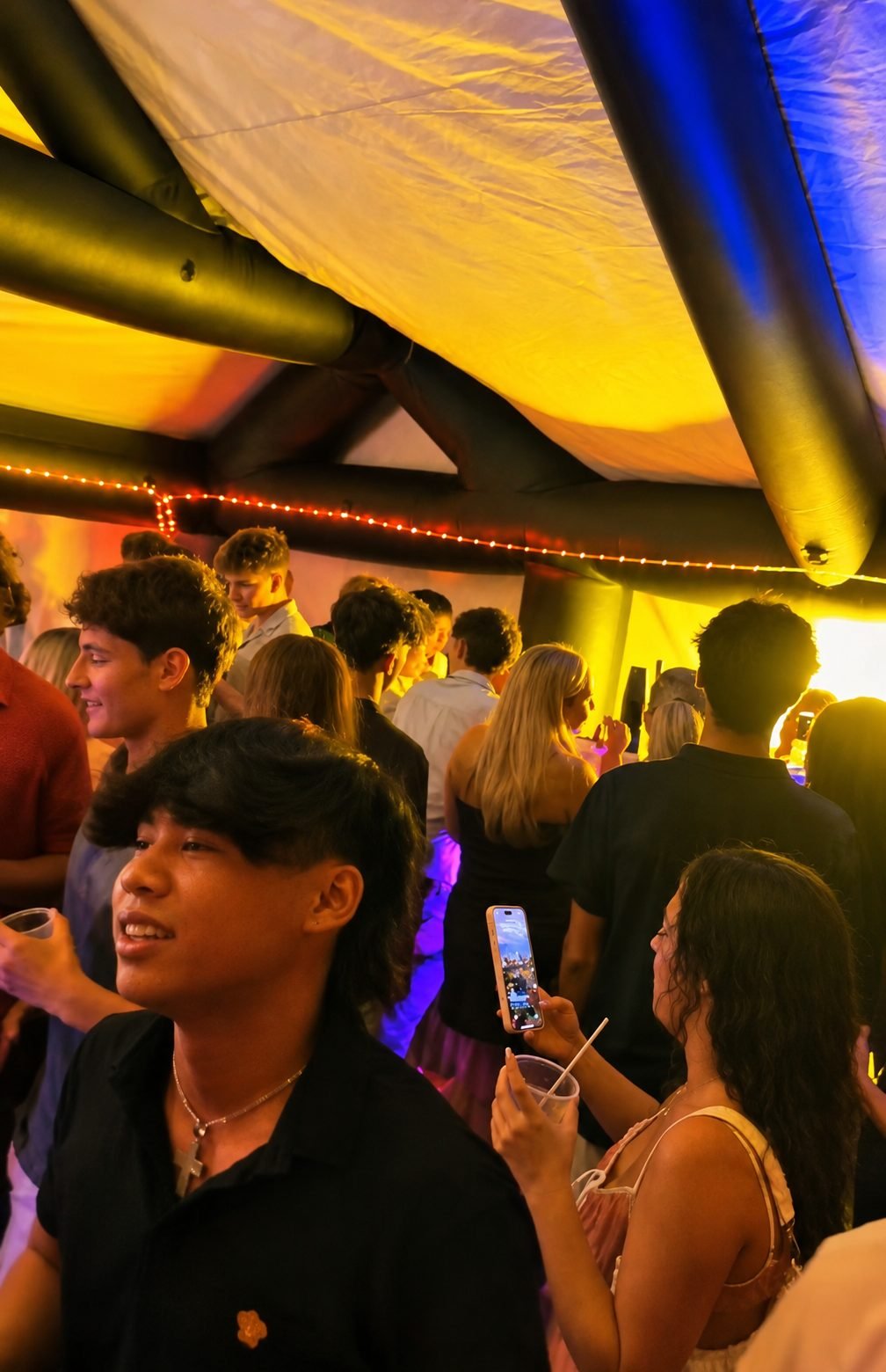 Inside the Blow Up Bar lit up at night